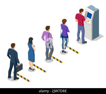 Isometric man waiting for the credit card inserting from ATM Machine. ATM service machine of a bank. Automated teller machine Stock Vector