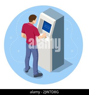 Isometric man waiting for the credit card inserting from ATM Machine. ATM service machine of a bank. Automated teller machine. Stock Vector