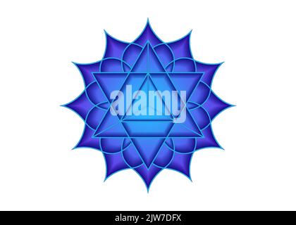 Sacred geometry, mystical symbol of the Merkabah, fifth Throat chakra, lotus flower in blue color, magic logo geometric mandala design, isolated Stock Vector