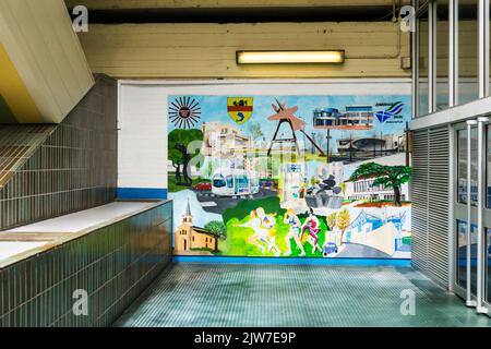 A mural in the interior of The Centre shopping centre at Cumbernauld New Town in North Lanarkshire, Scotland. Stock Photo