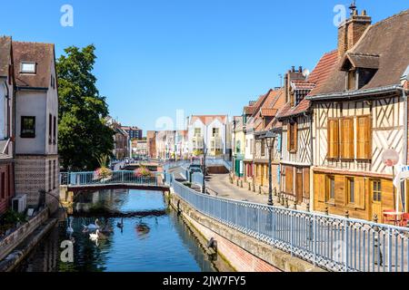 Amiens, France - August 13, 2022: Half-timbered townhouses in the rue Motte and rue des Granges line the Somme river in the Saint-Leu historic distric Stock Photo