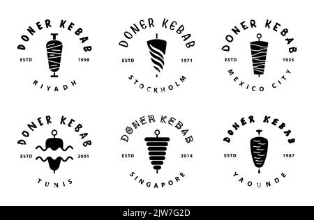 Doner Kebab big set collection. Fast Food Restaurant Design elements for logo, label, emblem, sign. Vector. Stock Vector