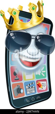 Mobile Phone Cool Shades King Crown Cartoon Mascot Stock Vector