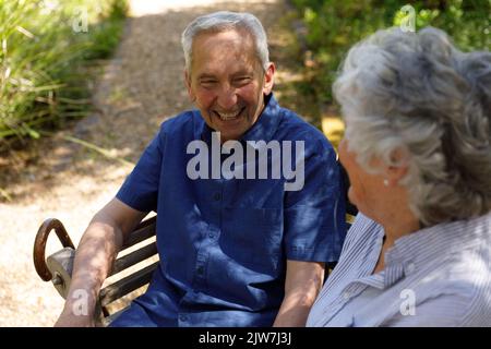 Senior caucasian couple spending time in garden together Stock Photo