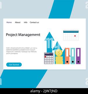 Project management service for business and start up, landing page. Vector illustartion. Business startup managment, website design, market banner, cr Stock Vector