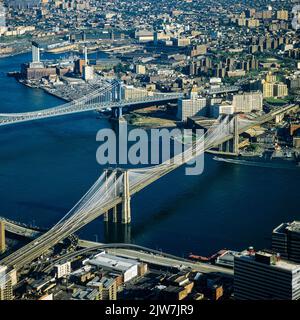 New York 1980s, Brooklyn & Manhattan bridges, East river, Brooklyn borough from top of WTC World Trade Center, New York City, NY, NYC, USA, Stock Photo