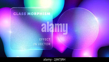 Glassmorphism vector effect with transparent card on fluid gradient. Glass morphism on neon blur futuristic purple background. Frosted acrylic, mate plexiglass plates in rectangle and circle shape. Stock Vector