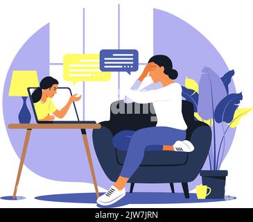 Online therapy and counselling under stress and depression. Young woman psychotherapist supports female with psychological problems. Vector Stock Vector