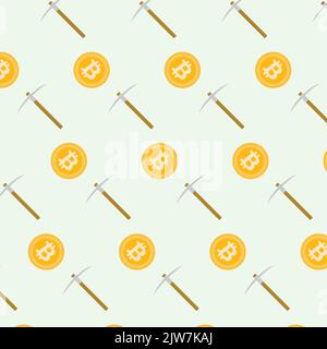 Pattern seamless mining, pick and bitcoin coin. Vector illustration. Money miner, pickax cryptcoin, mine equpment, cryptocurrency symbol, heavy electr Stock Vector