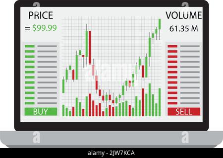 Graphic and chart to trade exchange on laptop, platform to trading. Vector illustration. Trade chart, dashboard analytics, bitcoin communication, busi Stock Vector