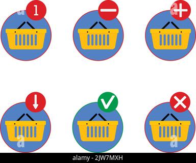 Shopping icons with basket to add or remove, check and review item in bag. UI to shop application. Vector illustration. Shopping basket review, check Stock Vector