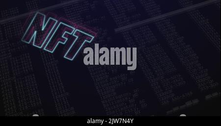 Image of glowing neon blue and purple outlined nft text over data on black background Stock Photo