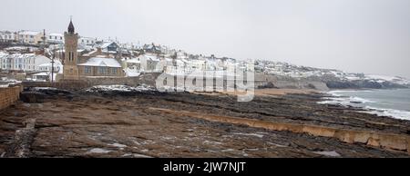Snow covered Porthleven Cornwall.  rare sight sight to see the village, coast and countryside covered in snow. 2018 Stock Photo