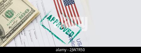 Stamp approved is on documents for obtaining American visa closeup Stock Photo