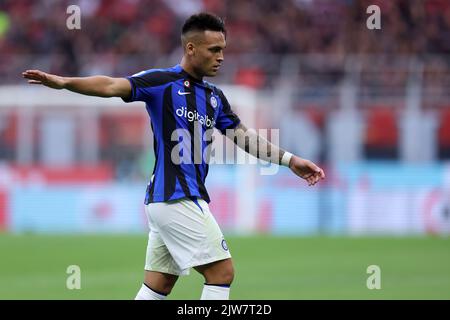 Lautaro Martinez of Fc Internazionale  gestures during the Serie A beetween Ac Milan and Fc Internazionale at Stadio Giuseppe Meazza on September 3, 2022 in Milano, Italy . Stock Photo