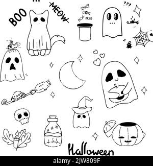 Halloween set outline illustrations. Scary attributes in cute style. Funny characters. Perfect for stickers Stock Vector