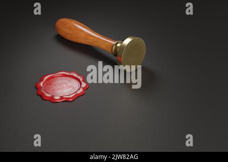 Sealing wax and a sealing wax wooden stamper with copy space. 3d illustration. Stock Photo