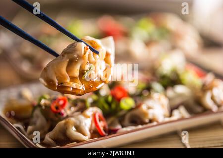 Japanese dumpling Gyoza stuffed chicken meat on sticks - Close up. Stock Photo
