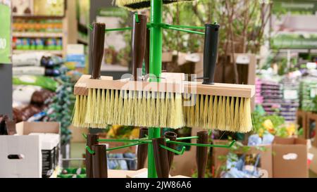 Rectangular wooden brush with synthetic bristles for painting and glue in the store Close-up Stock Photo