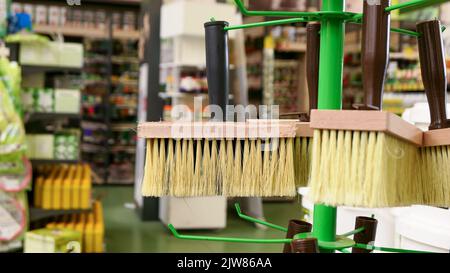 Rectangular wooden brush with synthetic bristles for painting and glue in the store Close-up Stock Photo
