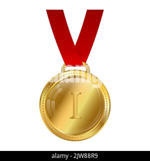 Gold medal with red ribbon isolated on white background. Award, prize for first place. Vector illustration. Stock Vector