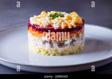 Herring salad under a fur coat. Traditional Russian multilayered salad from herring, beets, potatoes, carrots and eggs. Close-up, grey background. Stock Photo