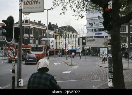 View of the corner of the Neude with the Potterstraat in Utrecht, with the Lange Jansstraat.n.b in the background. The photo was taken in preparation for students for the route to be cycled for the traffic exam. Stock Photo