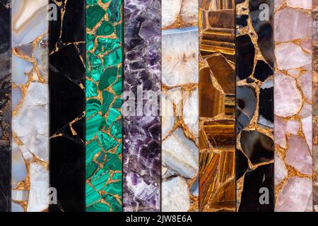Set of luxury precious stones with gold leafs for exclusive artwork Petrified wood, Smoky Quartz, Agate, Tigers Eye, Black Obsidian, Malachite, Rose Stock Photo