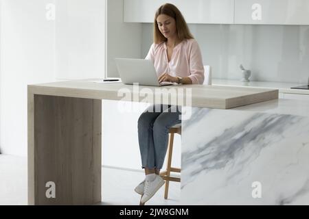 Focused positive millennial freelance business woman working from home Stock Photo