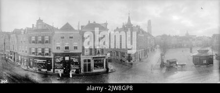 View of the facades of the Huizen Voorstraat 1 (left of the middle)- Higher in Utrecht; In the middle the entrance of Lange Jansstraat and on the right the Neude. Stock Photo