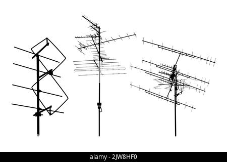 Television antenna icons set. Silhouettes of different television aerials. Tv antenna sign or symbol. Television rooftop antennas. Technology concept. Stock Vector