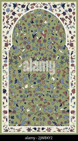Engraving the decoration of an indonesian Islamic prayer mat rug, artistic colored flowers and leaves pattern art Stock Vector