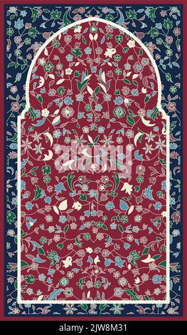 Engraving the decoration of an indonesian Islamic prayer mat rug, artistic colored flowers and leaves pattern art Stock Vector