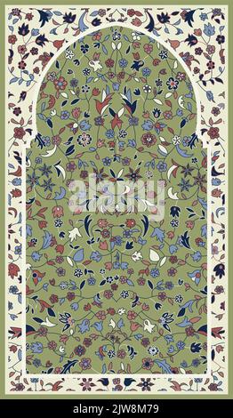 Engraving the decoration of an indonesian Islamic prayer mat rug, artistic colored flowers and leaves pattern art Stock Vector
