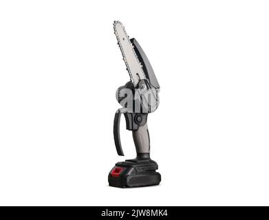 Light chain saw with battery isolated on white background, electric chain saw Stock Photo