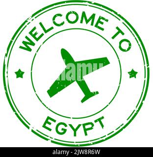 Grunge green welcome to Egypt word with airplane icon round rubber seal stamp on white background Stock Vector