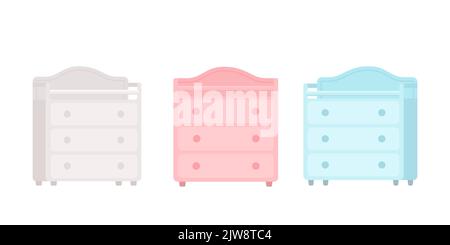 Baby changing tables in front and three quarters for nursery. Isolated on white background. Home interior concept. Vector illustration. Cartoon flat s Stock Vector