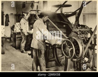 Interior of the Royal soap factory De Duif van Chr. Pleines on the Dolderseweg in Den Dolder: paper cutting machines in the printing company. Stock Photo