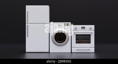 Home appliances. Fridge, gas cooker, oven and washing machine. Household equipment white color on black floor and wall, front view. 3d render Stock Photo