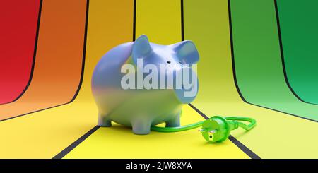 Green plug and piggy bank on energy efficiency chart background. House electricity cost saving. 3d render Stock Photo