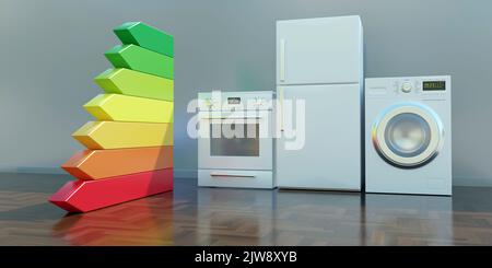 Home appliance energy efficient. Household equipment and energy class chart on wooden floor. 3d render Stock Photo