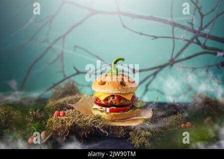 Halloween burger in a shape of pumpkin head jack lantern in a mystery forest. Scary cheeseburger on halloween party. Stock Photo