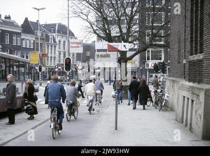 View of the cycle path along the Potterstraat in Utrecht, with the corner Lange Jansstraat / Neude.n.b in the background. The photo was taken in preparation for students for the route to be cycled for the traffic exam. Stock Photo