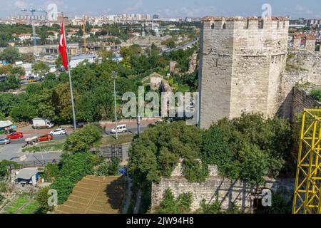 September 2, 2022: Views of the interior, courtyard and surroundings of the Yedikule Fortress Museum, fortified historic structure which was once used as a dungeon, located in the Yedikule neighbourhood of Fatih, in Istanbul, Turkey on September 2, 2022. Built in 1458 on the commission of Ottoman Sultan Mehmed II, the seven-tower complex was created by adding three new towers and fully enclosing a section of the ancient Walls of Constantinople, including the two twin towers that originally constituted the triumphal Golden Gate built by Roman Emperors Theodosius I and Theodosius II. (Credit Ima Stock Photo