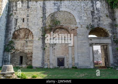 September 2, 2022: Views of the interior, courtyard and surroundings of the Yedikule Fortress Museum, fortified historic structure which was once used as a dungeon, located in the Yedikule neighbourhood of Fatih, in Istanbul, Turkey on September 2, 2022. Built in 1458 on the commission of Ottoman Sultan Mehmed II, the seven-tower complex was created by adding three new towers and fully enclosing a section of the ancient Walls of Constantinople, including the two twin towers that originally constituted the triumphal Golden Gate built by Roman Emperors Theodosius I and Theodosius II. (Credit Ima Stock Photo