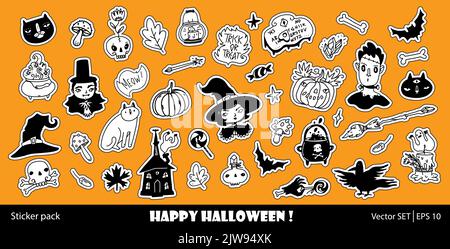 Halloween sticker pack. Happy Halloween illustrations set with cut outline for stickers. Vector in cute doodle gothic style with funny characters witc Stock Vector