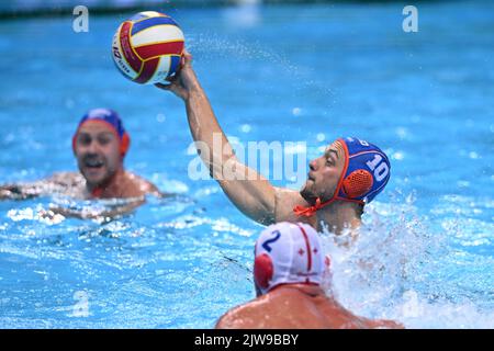 SPLIT, CROATIA - SEPTEMBER 4: Pascal Janssen of Netherlands in action during the 2022 European Water Polo Championship match Georgia and Netherlands at the Spaladium Arena on September 4, 2022 in Split, Croatia. Photo: Marko Lukunic/PIXSELL Stock Photo