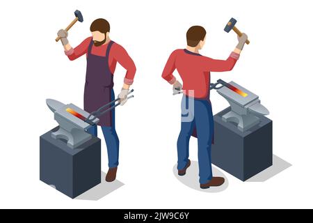 Isometric Forge, blacksmith. Strong blacksmith with hammer and anvil forge iron. Blacksmith in workshop Stock Vector