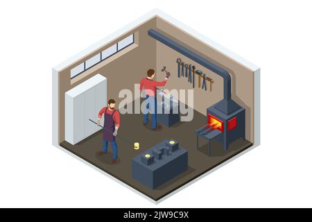 Isometric Forge, blacksmith. Strong blacksmith with hammer and anvil forge iron. Blacksmith in workshop Stock Vector