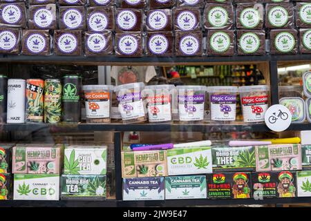 A collection of cannabis paraphernalia in the window of a shop in Amsterdam, Holland. Stock Photo